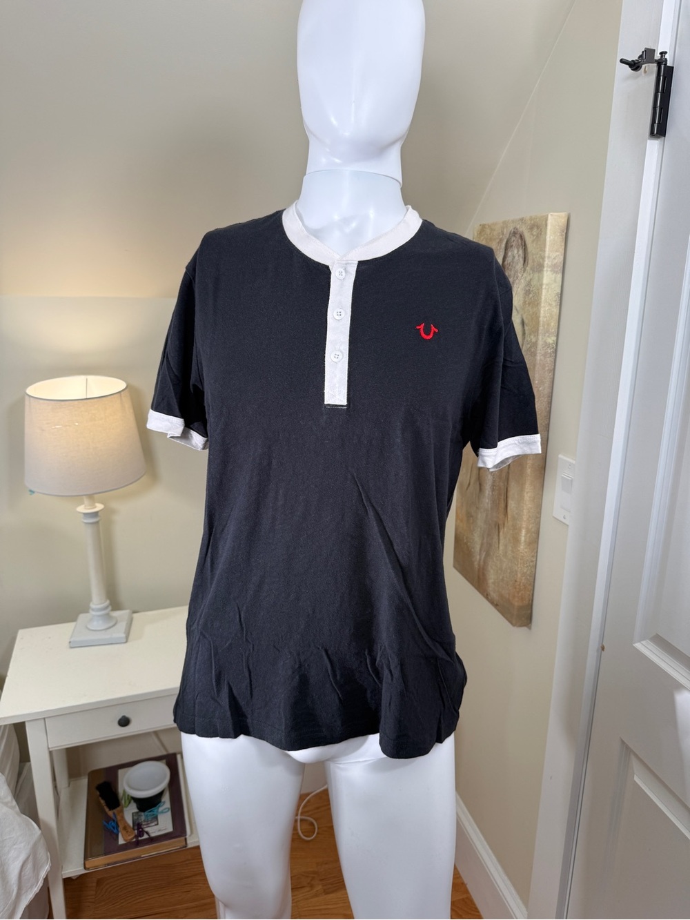 True Religion Brand Jeans Henley Shirt Black White Contrast Logo M